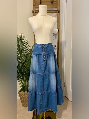 Blue Denim Multi-Tiered Maxi Skirt, Large